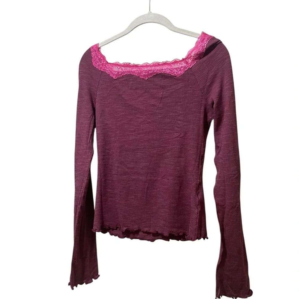 Free People Oh My Darling Purple Lace Trim Cottagecore Boho Shirt L NWT